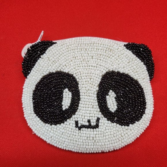 Vintage Coin Purse Panda Bear Beaded Black & White Silk Lined - Picture 1 of 11
